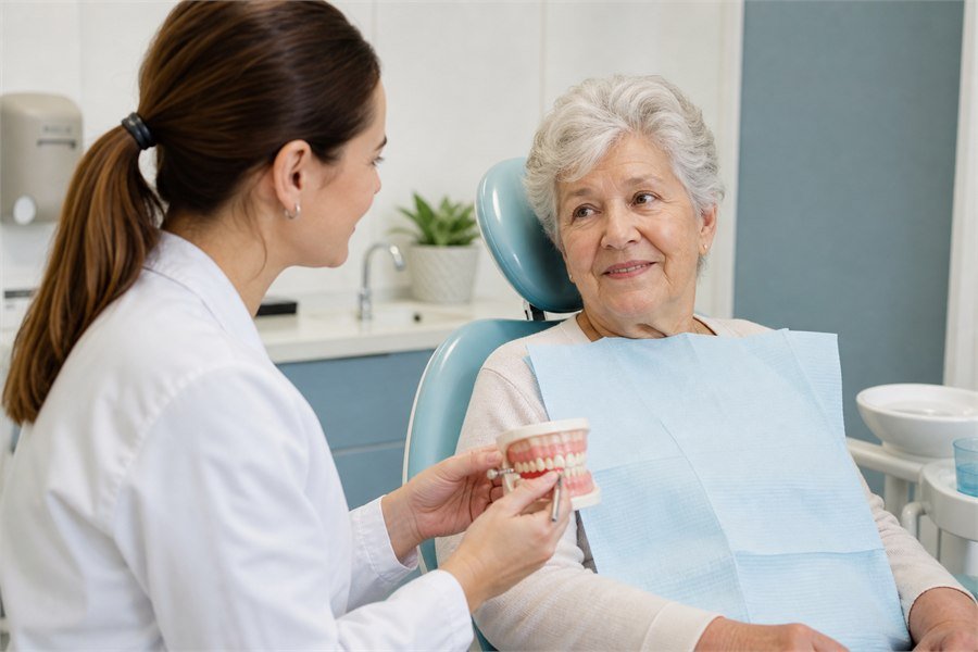 Dentista orientando paciente idosa durante atendimento odontológico